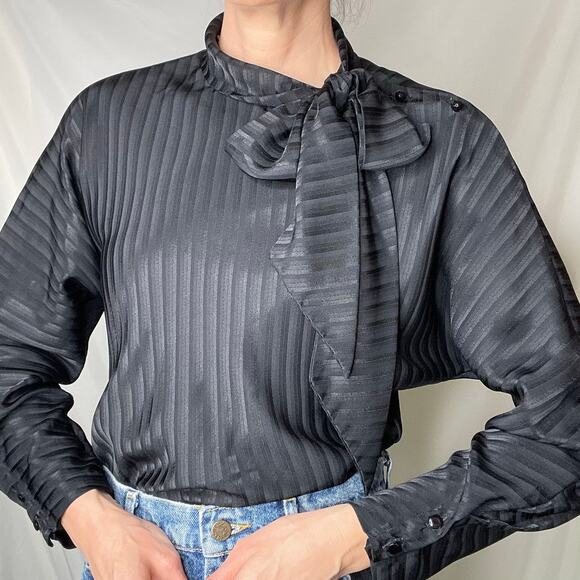Vintage‎ 90s tie neck bow blouse black striped satin jacquard long sleeve M - Picture 1 of 16